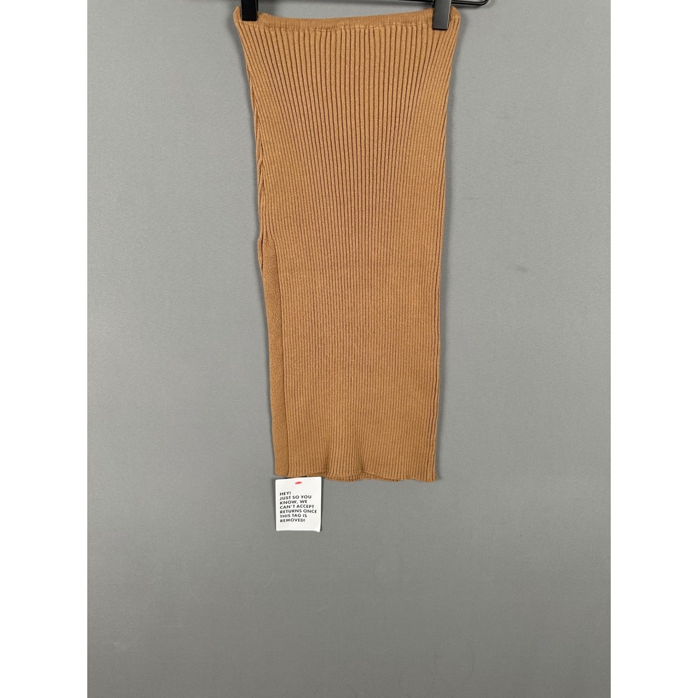 Topshop Womens Ribbed Knit Midi Skirt Camel‎ Brown Side Slit XS US 0-2 NEW